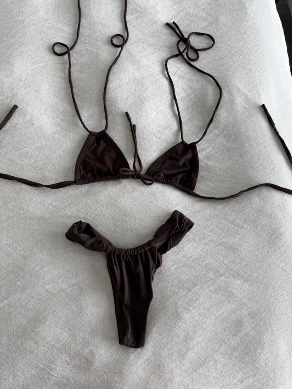 Montce Velvet Dark Brown Ruched Triangle String Bikini